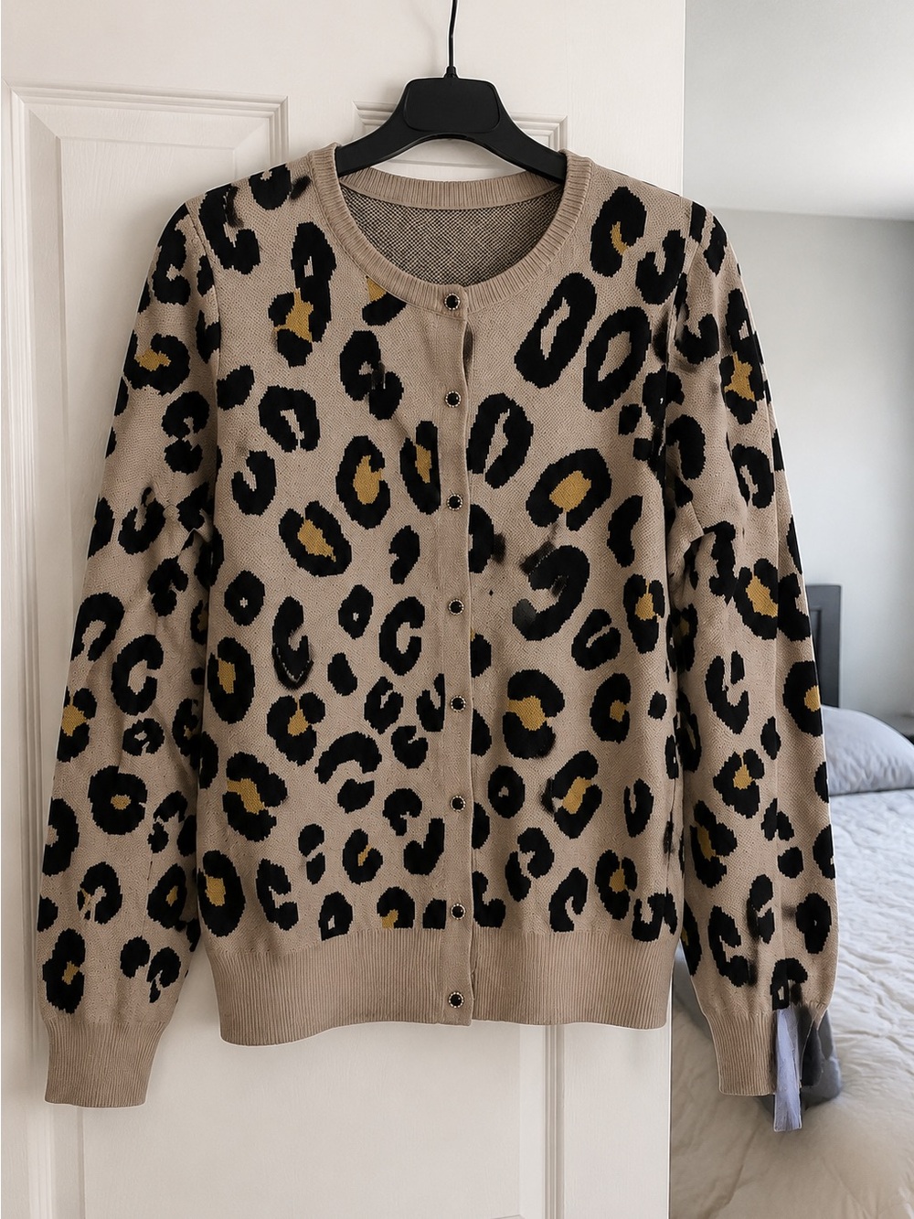 Beige Leopard Print Button-Front Sweater Cardigan